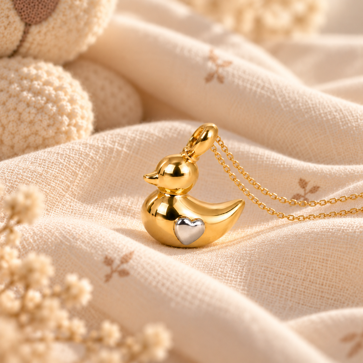 Colgante Mamá Pata de oro 9K con corazón, colgado de una cadena de oro sobre lino crema – Customima