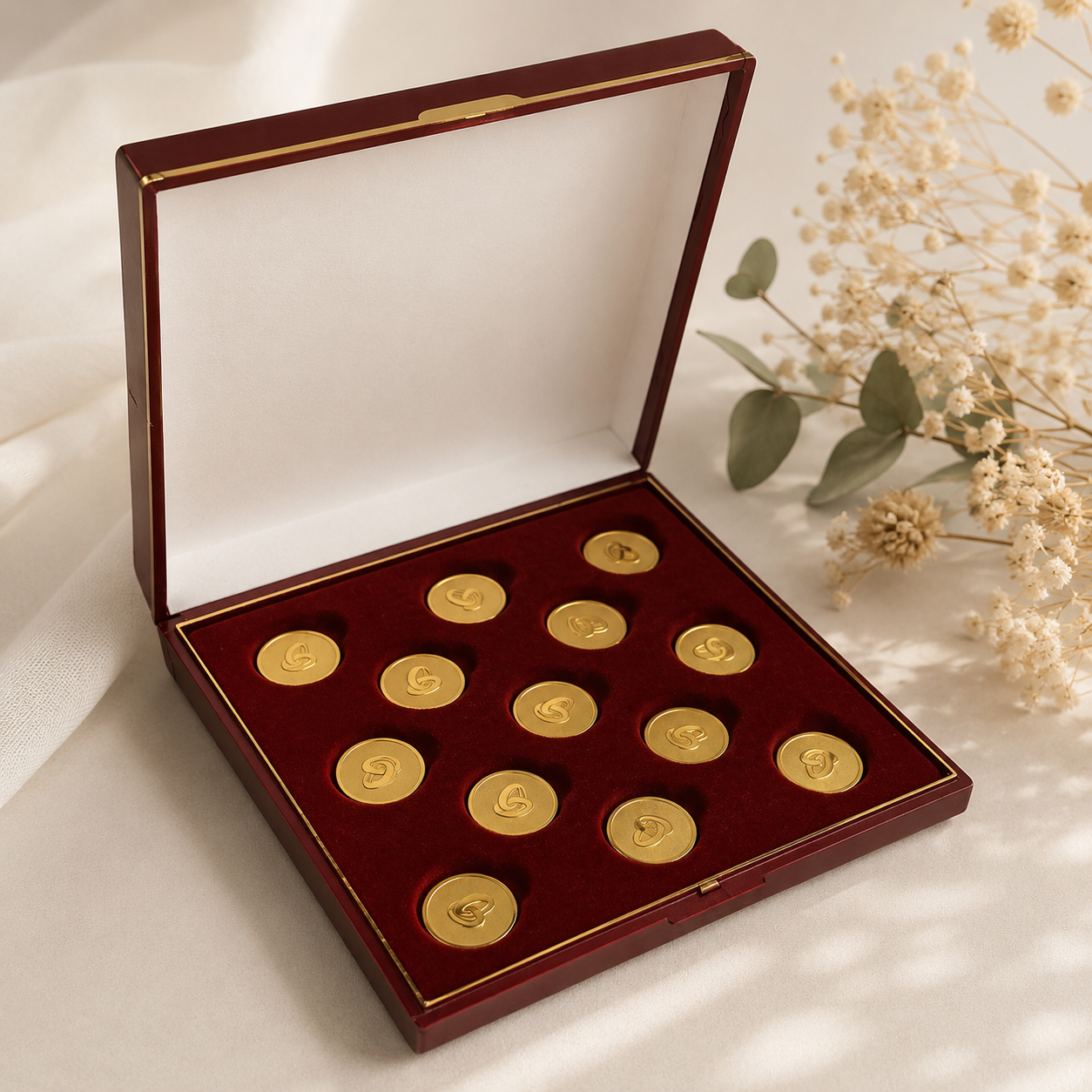 Caja de arras de boda de lujo para ceremonia matrimonial, diseñada para presentar las monedas de arras de forma elegante y memorable