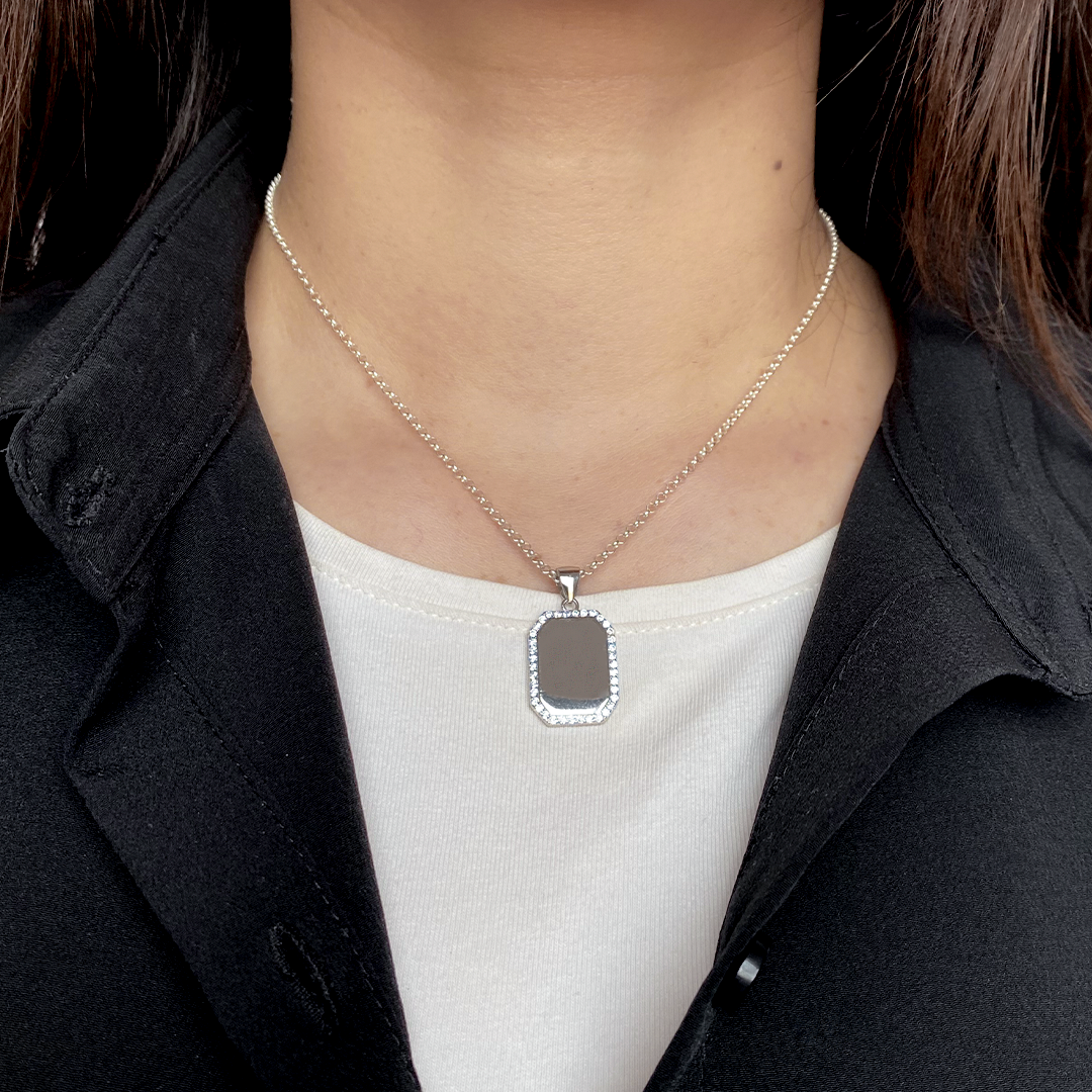 Collar Medalla Personalizable Rectangular 15x20 Circonitas Plata