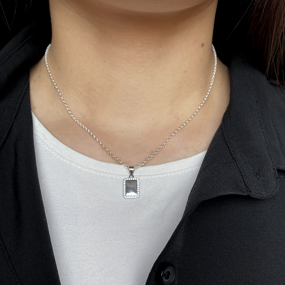Collar Medalla Personalizable Rectangular 9x12 Circonitas Plata