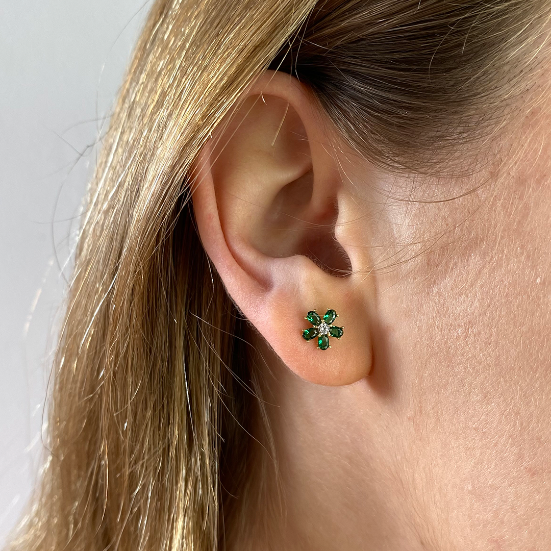 Pendientes Flor Circonitas Verde  Oro