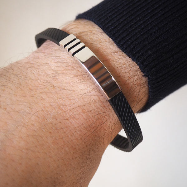 Pulsera de Plata Líneas Rectas y Cuero Diagonales Italiano Negro
