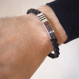 Pulsera de Plata Líneas Rectas y Cuero Trenzado Italiano Negro