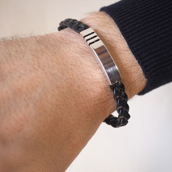Pulsera de Plata Líneas Rectas y Cuero Trenzado Italiano Negro