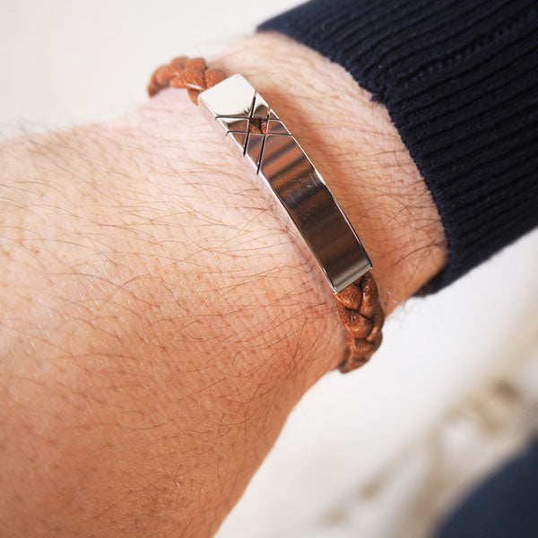 Pulsera de Plata Líneas Cruz y Cuero Trenzado Italiano Marrón