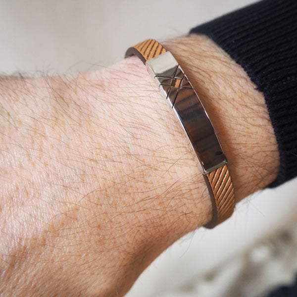 Pulsera Plata Líneas Cruz y Cuero Diagonales Italiano Negro