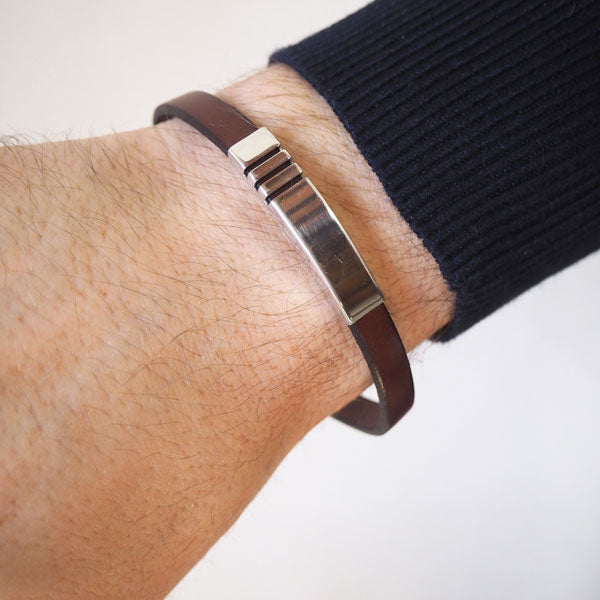 Pulsera de Plata Líneas Rectas y Cuero Liso Italiano Marrón