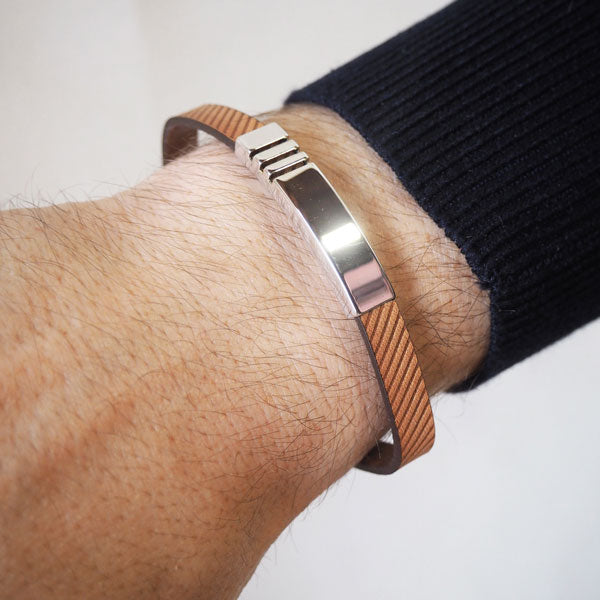 Pulsera de Plata Líneas Rectas y Cuero Diagonales Italiano Negro