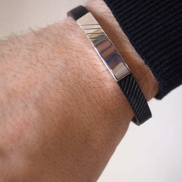 Pulsera de Plata Líneas Diagonal y Cuero Diagonales Italiano Negro