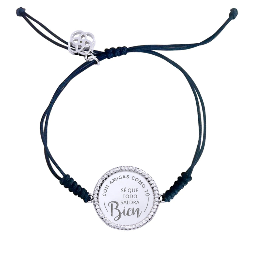 Pulsera placa de circonitas y macramé de Plata