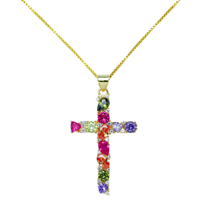 Collar Cruz Colores Rosas de Plata 925
