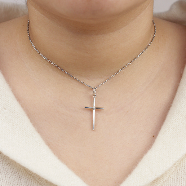 Cadena y Colgante Cruz tubo lisa mediana Plata