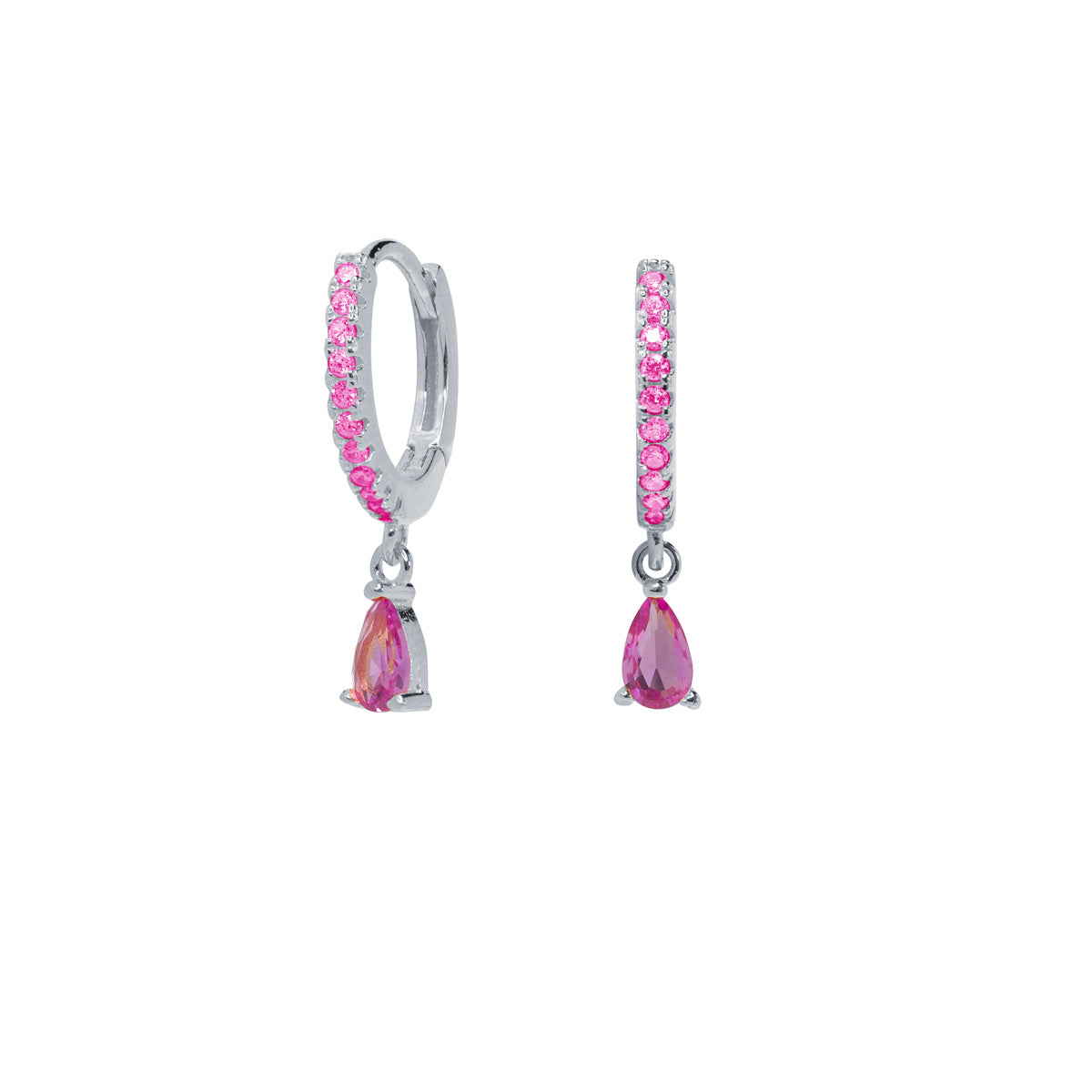 Pendientes aros mini con lágrima rosa Ø 12mm Plata