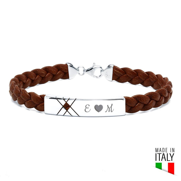 Pulsera de Plata Líneas Cruz y Cuero Trenzado Italiano Marrón