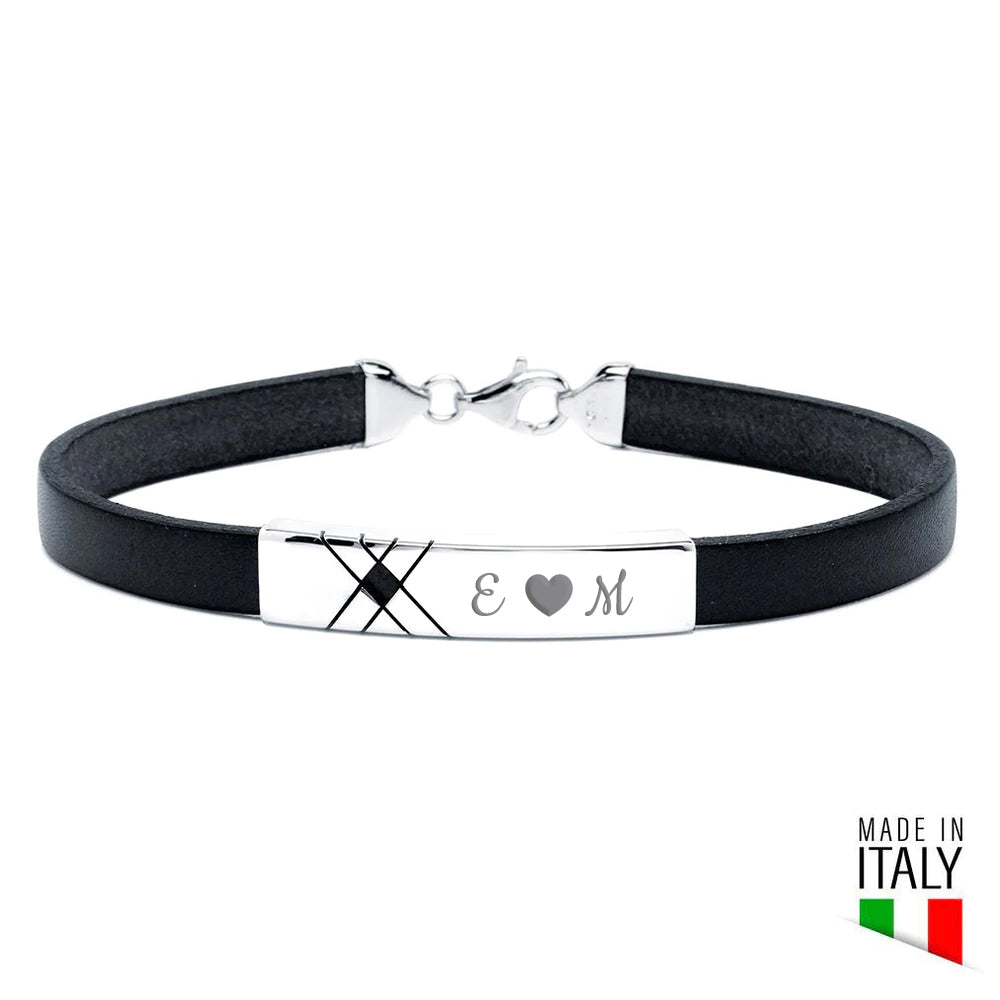 Pulsera de Plata Líneas Cruz y Cuero Liso Italiano Negro