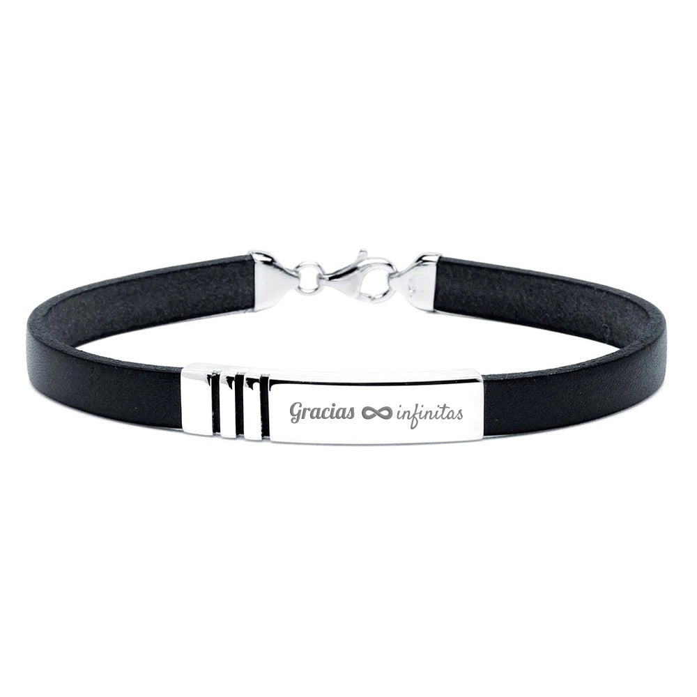 Pulsera de Plata Líneas Rectas y Cuero Liso Italiano Marrón