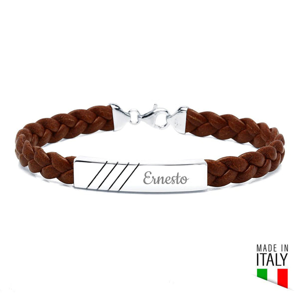 Pulsera de Plata Líneas Diagonal y Cuero Trenzado Italiano Marrón