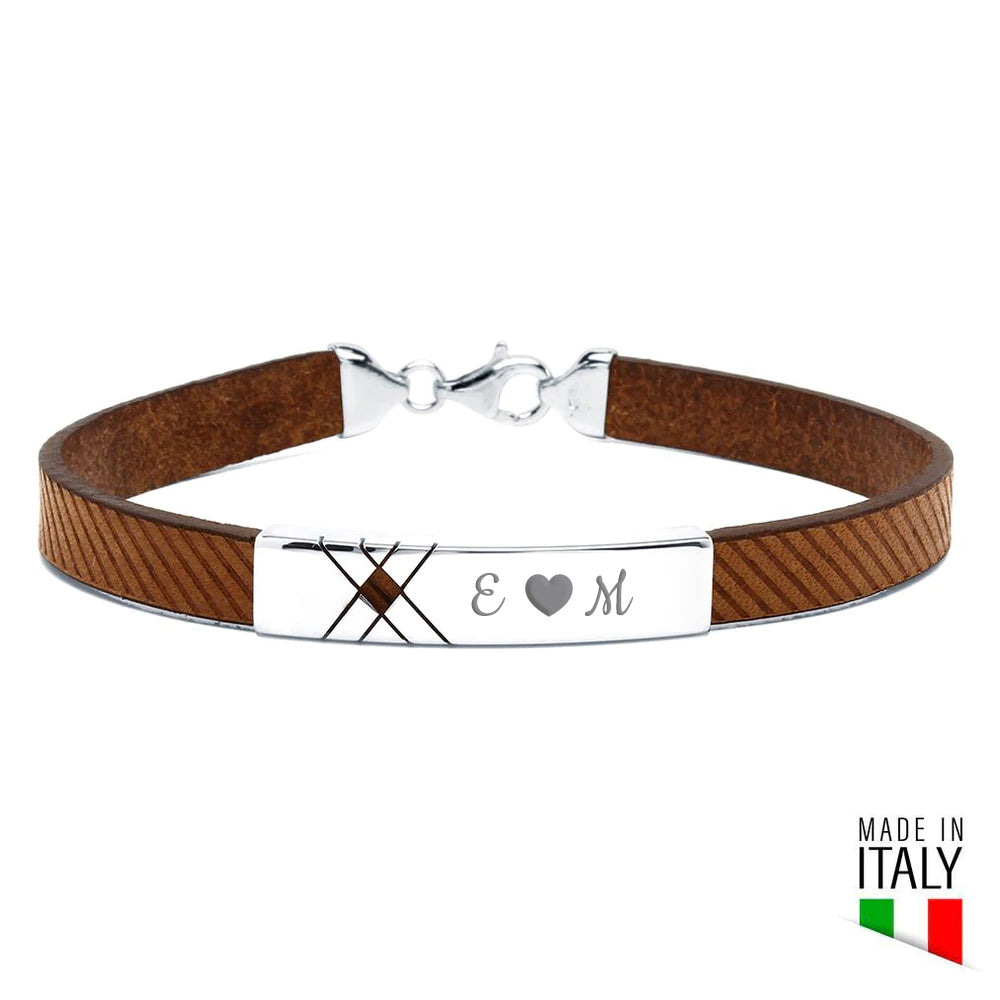 Pulsera Plata Líneas Cruz y Cuero Diagonales Italiano Negro