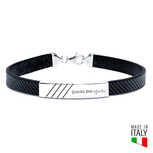 Pulsera de Plata Líneas Diagonal y Cuero Diagonales Italiano Negro