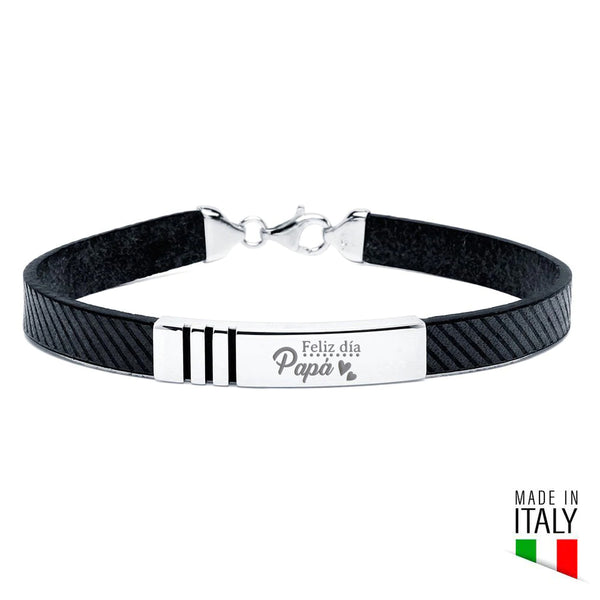 Pulsera de Plata Líneas Rectas y Cuero Diagonales Italiano Negro
