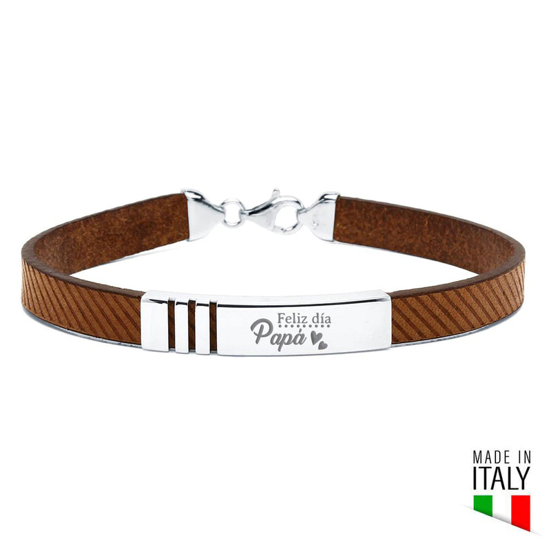 Pulsera de Plata Líneas Rectas y Cuero Diagonales Italiano Negro