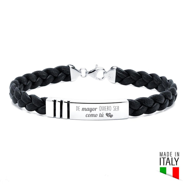 Pulsera de Plata Líneas Rectas y Cuero Trenzado Italiano Negro