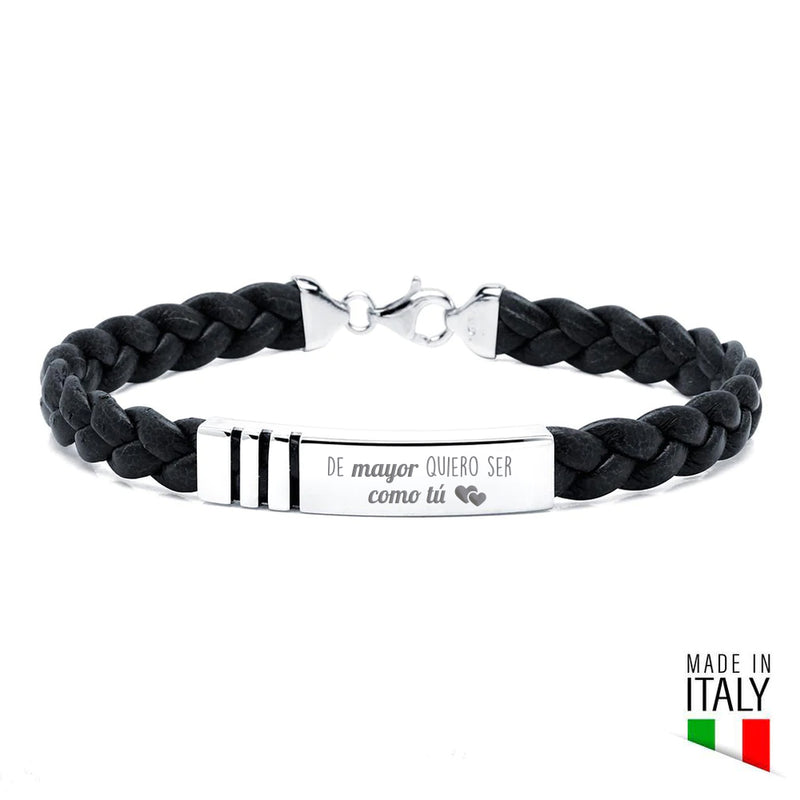 Pulsera de Plata Líneas Rectas y Cuero Trenzado Italiano Negro