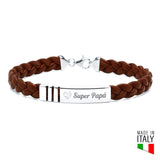 Pulsera de Plata Líneas Rectas y Cuero Trenzado Italiano Negro