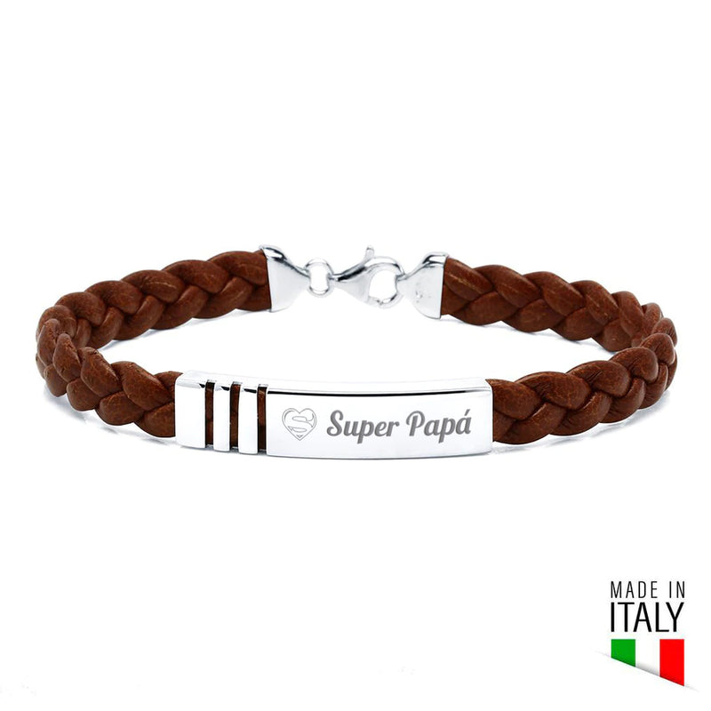 Pulsera de Plata Líneas Rectas y Cuero Trenzado Italiano Negro