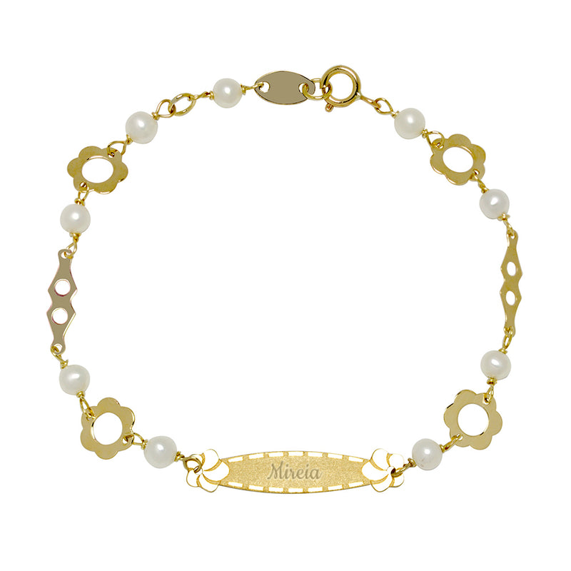 Pulsera Bebé Medalla Flores y cadena con perlas y flores Bicolor Oro
