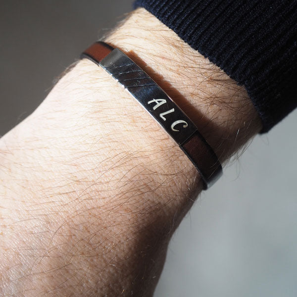 Pulsera de Plata Líneas Diagonal y Cuero Liso Italiano Marrón
