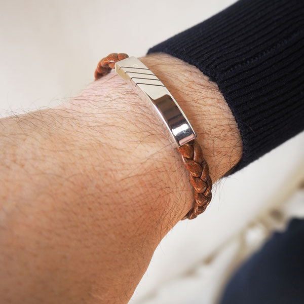 Pulsera de Plata Líneas Diagonal y Cuero Trenzado Italiano Marrón