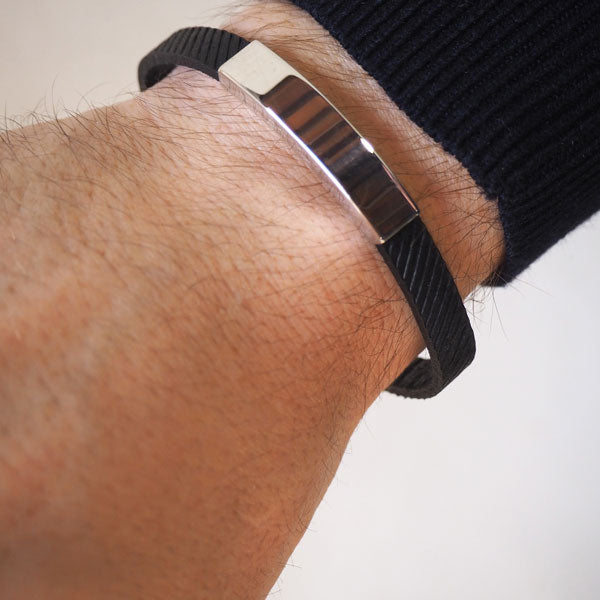 Pulsera de Plata y Cuero Diagonales Italiano Negro